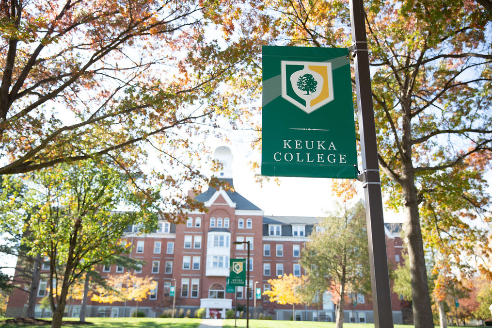 Image of Ball Hall from the chapel walk way during the Fall